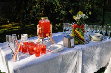 Doğada şölen masası. Yemek servisi.