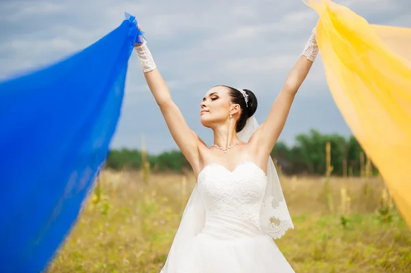 Bruid in trouwjurk op veld — Stockfoto