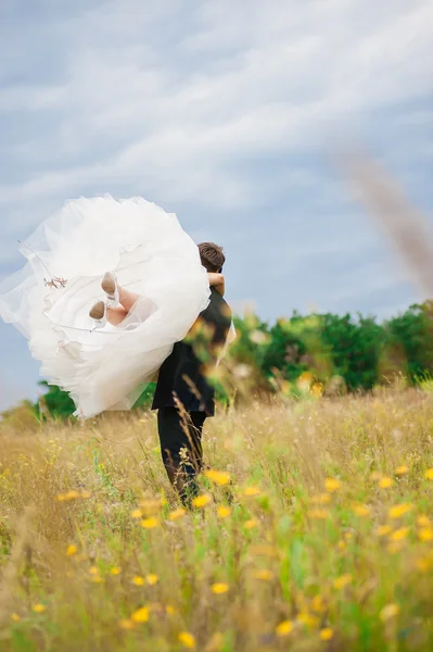 Sposo che tiene sposa sulle mani — Foto Stock