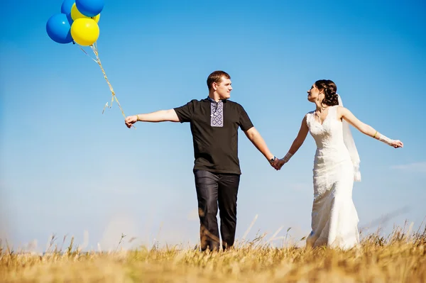 Newly married couple in field — Stock Photo, Image