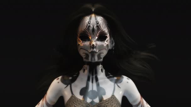 仮面をつけた女性のファンタジー顔のアニメーション3Dレンダリング — ストック動画