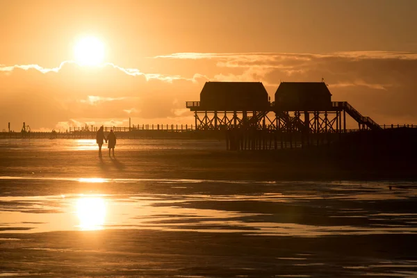 Zachód Słońca Plaży Sankt Peter Ording Niemczech — Zdjęcie stockowe