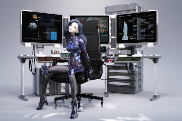 Художественная трехмерная иллюстрация научно-фантастической женщины