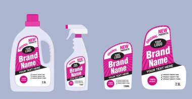 Temizleyici, çamaşır deterjanı etiketi, tuvalet ya da lavabo açıcı, yaratıcı paket pankart tasarımı şablonu. Tasarım ve vektör illüstrasyonunu ayarla.