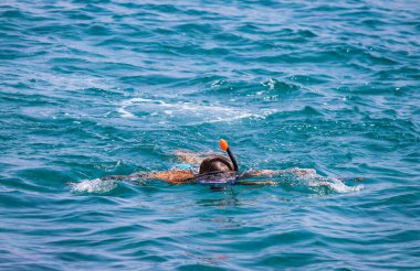 Genç adam maske takmış, maske takmış, soluk almak için şnorkel takıyor.