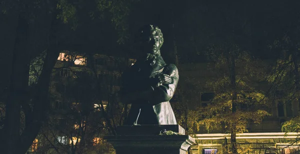 Nite uitzicht op Poesjkin standbeeld in park in Sofia — Stockfoto