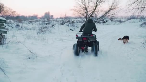 Facet jeździ quadem w śnieżnej pogodzie z psem — Wideo stockowe