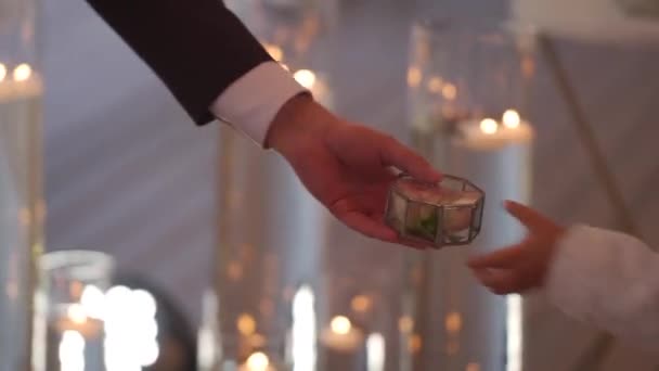 El novio toma la caja con anillos de boda — Vídeos de Stock