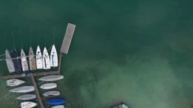 Aerial view of the parking of yachts on the azure lake Froggensee in Southern Germany.