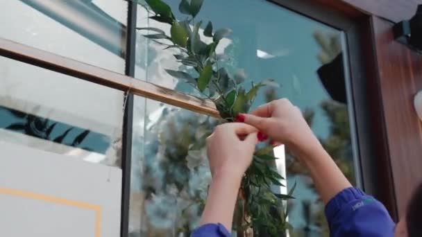 A kezek levelekkel díszítik a boltívet. — Stock videók
