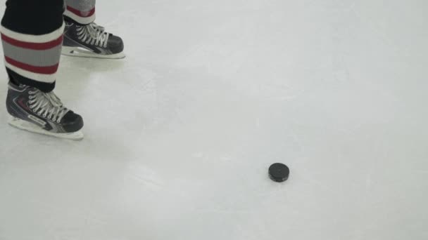 Jogador de hóquei no gelo atinge o disco. Close-up — Vídeo de Stock