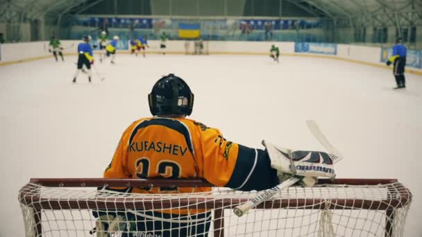 Hockeyspelare står vid målet under matchen — Stockvideo