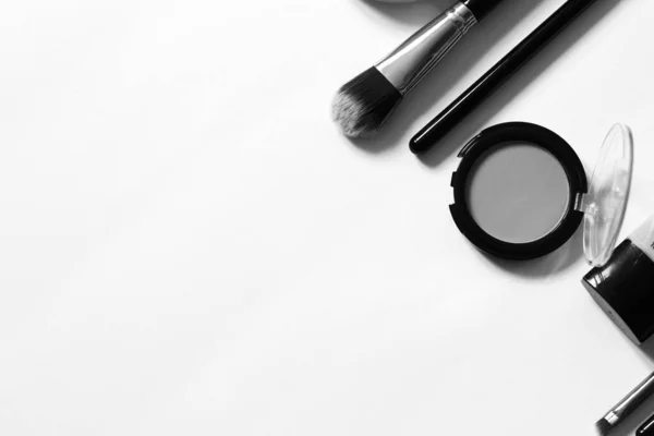 Makeup Minimal Set Concept Foundation Powder Brushes White Background — Stock Photo, Image