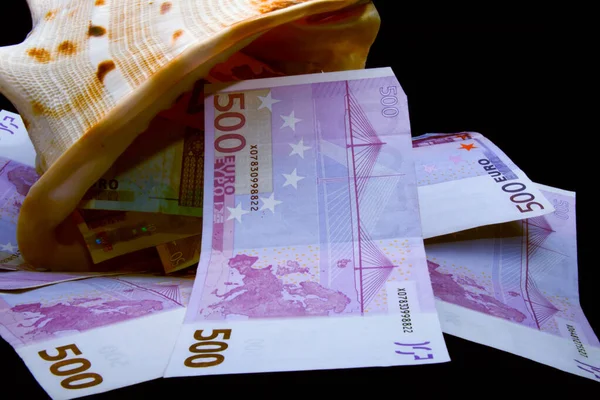Крупным планом, с морской раковиной, вываливающейся из ее банкнот евро разных номиналов — стоковое фото