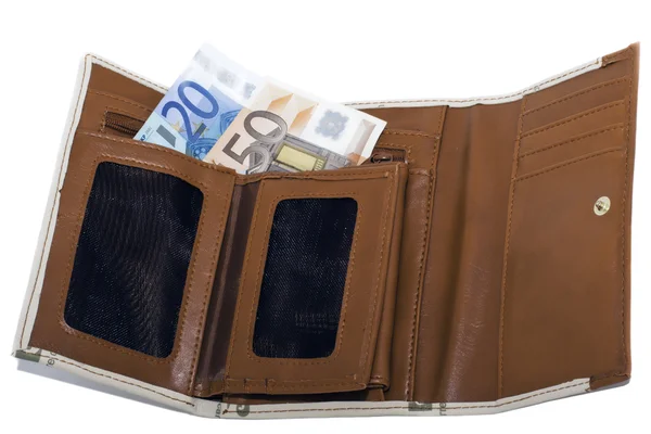 Wallet, bright orange and a little bit of money on the white bac — Stock Photo, Image