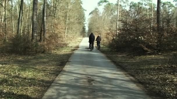 Deutschland im Herbst. Straße im Wald, Menschen fahren Fahrrad — Stockvideo