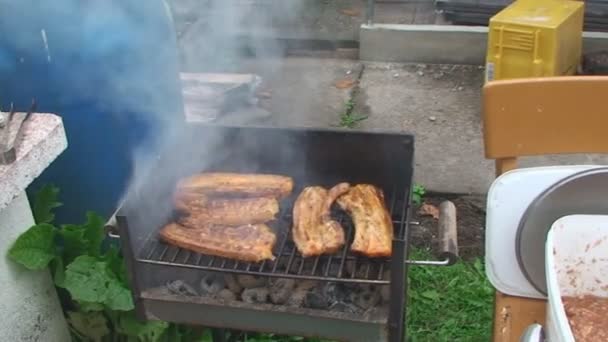 在炭火上，切成薄片猪肉烤 — 图库视频影像