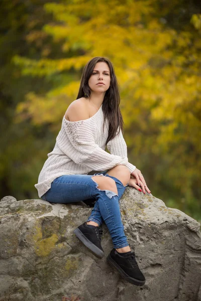 Beautiful Girl Sits Gray Stone Autumn Park Background Yellow Foliage — Stock Photo, Image