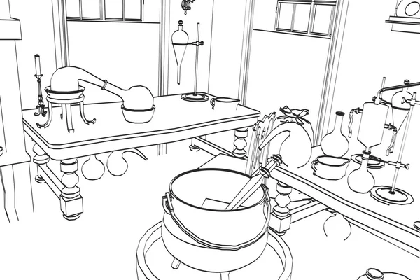 2d cartoon illustration of alchemy lab — Stock Photo, Image