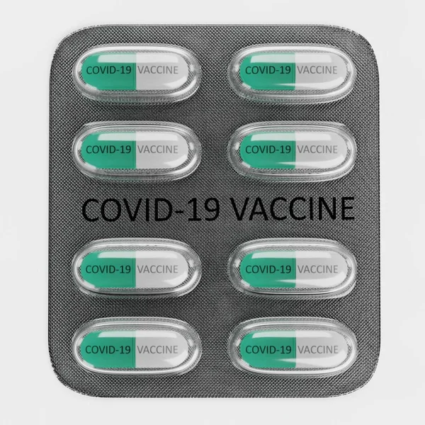 Renderizado Realista Ampolla Con Píldoras Vacuna Covid —  Fotos de Stock