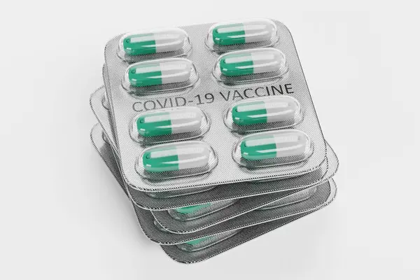 Renderizado Realista Ampolla Con Píldoras Vacuna Covid —  Fotos de Stock