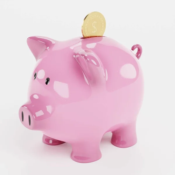Renderização Realista Piggy Bank Com Moeda — Fotografia de Stock