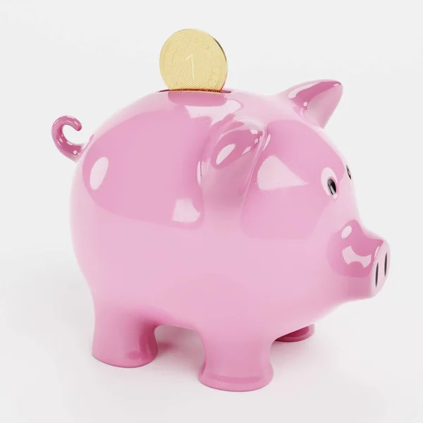 Renderização Realista Piggy Bank Com Moeda — Fotografia de Stock