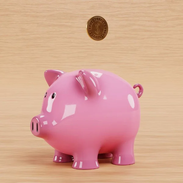 Piggy Bank与Coin的真实感3D渲染 — 图库照片