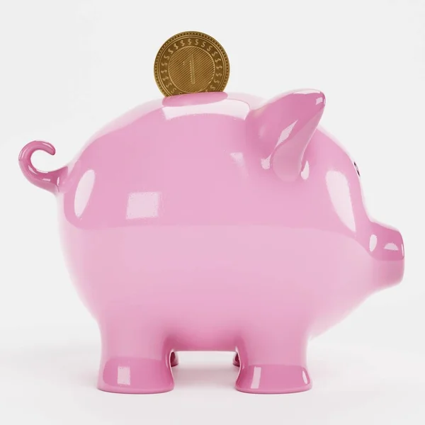 Renderização Realista Piggy Bank Com Moeda — Fotografia de Stock