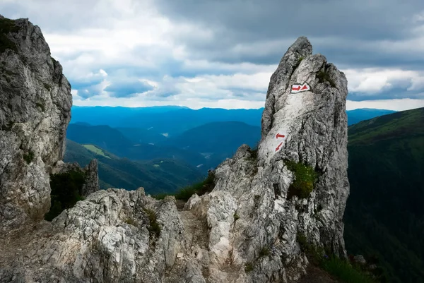 landscape background of red hiking signs on a rock