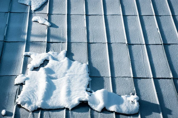 Seizoensgebonden Achtergrond Laatste Sneeuw Een Metalen Dak — Stockfoto