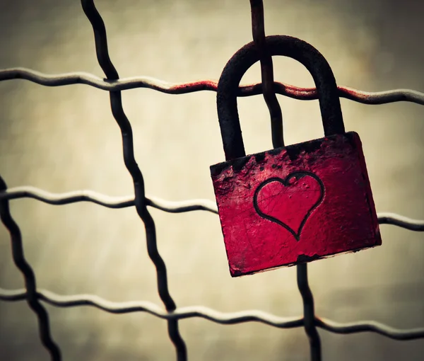 Red lock locked on the fence — Stock Photo, Image