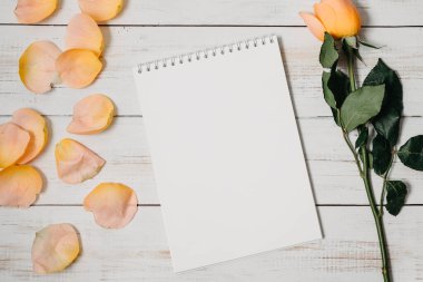 Beyaz arka planda güzel bir gül buketi ve defter olan blog yazarının çalışma alanı. Ruh hali ve günlük tutma kavramı.