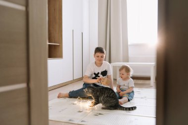 Çocuklar evde bir kediyle oynuyorlar. Erkek ve kız kardeş birlikte eğleniyorlar.