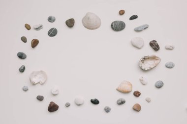 Sea shells pattern on white background. Summer, Vacation on Sea, Travel concept. Flat lay, top view