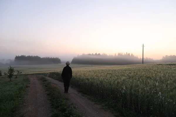Silhouette eines Mannes, der bei Sonnenaufgang in einer malerischen Landschaft wandelt — Stockfoto
