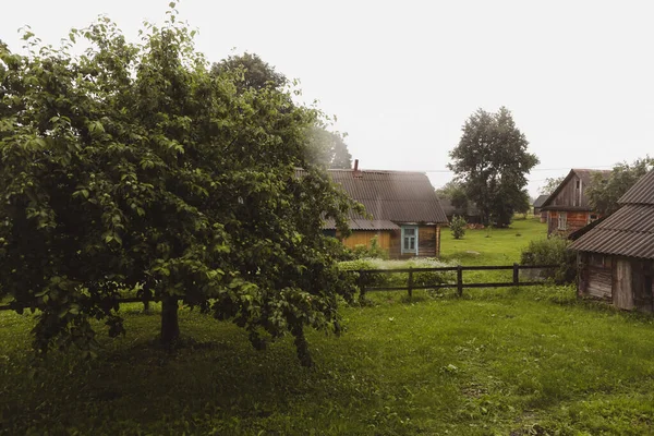 Деревянный европейский дом в живописной сельской местности летом — стоковое фото