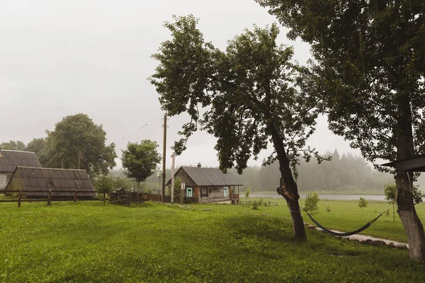 Hangmatten tussen bomen op regenachtige landelijke zomer landschap achtergrond — Stockfoto