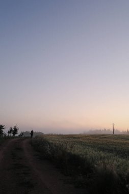 Gün doğumunda manzaralı kırsal bir arazide yürüyen bir adamın silueti.