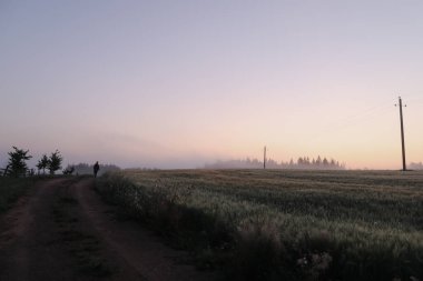 Gün doğumunda manzaralı kırsal bir arazide yürüyen bir adamın silueti.
