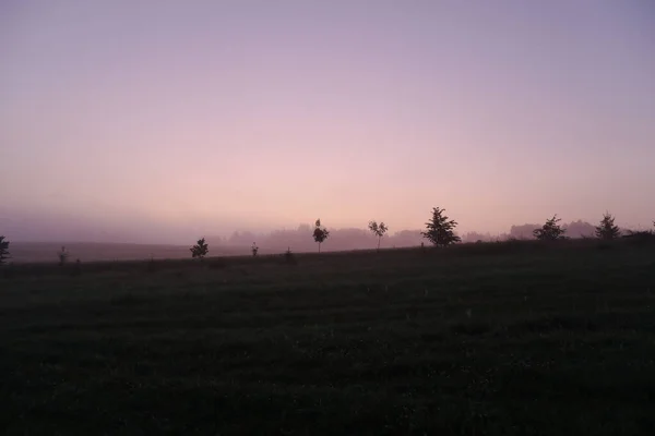 Campo pitoresco e paisagem rural cênica com céu roxo do nascer do sol no verão — Fotografia de Stock