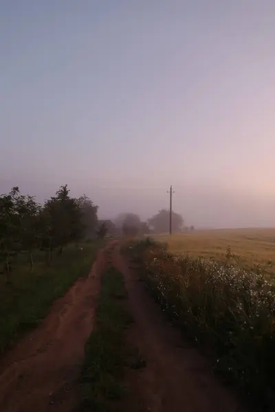 Malerisches Feld und malerische Straße in der Landschaft bei Sonnenaufgang im Sommer — Stockfoto