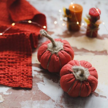 Saf balkabaklarıyla sonbahar dekorasyonu. Şükran Günü ve Cadılar Bayramı.