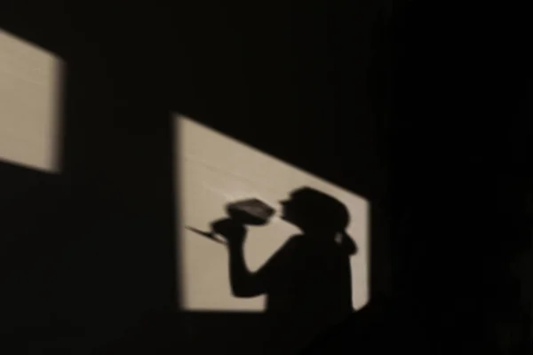 Shadow on the wall of a female sommelier with a glass of wine. Silhouette of a girl drinking wine. Chiaroscuro from the window — Stock Photo, Image