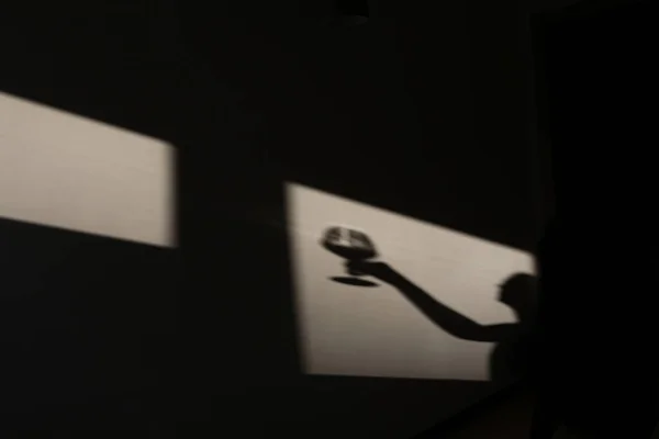 Bir kadeh şarapla kadın şarap garsonunun duvarındaki gölge. Şarap içen bir kızın silüeti. Penceredeki Chiaroscuro — Stok fotoğraf