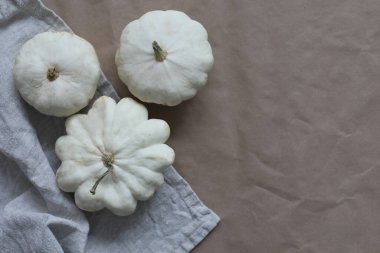 Beyaz balkabaklarından ve kabaklardan oluşan sonbahar çerçevesi üst görünümü, boşluğu kopyala. Sonbahar, Cadılar Bayramı, Şükran Günü konsepti. 