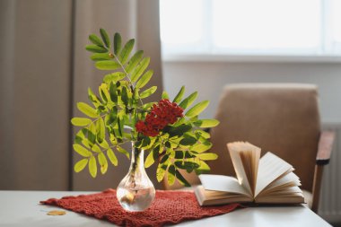 Sonbahar sakin bir hayat bir vazoda bir rowan dalı ve rahat bir ev içinde bir kitap ve elmalar ile