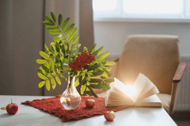 Bir vazoda, bir vazoda, rahat bir evde, kitap ve elmalarla geçen bir sonbahar hayatı.