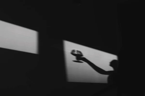 ワインのグラスで女性ソムリエの壁に影。ワインを飲んでいる少女のシルエット。窓からのChiaroscuro — ストック写真