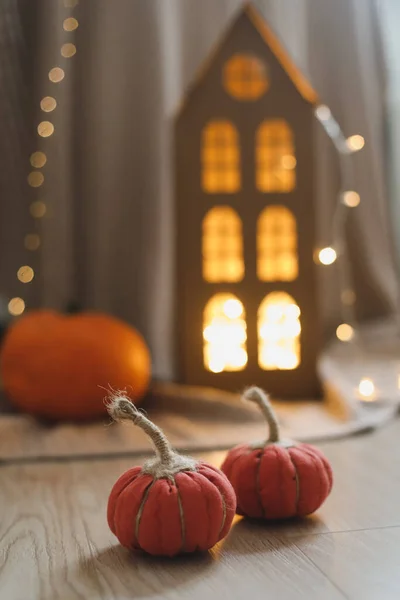Halloween and autumn cozy composition with pumpkins, october home decoration — Stock Photo, Image